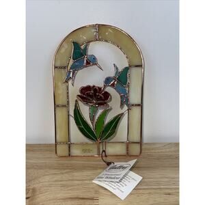 VTG Tiffany Glass 3D Suncatcher Humming Bird & Flower Gallery Art Glass Inc. 9”